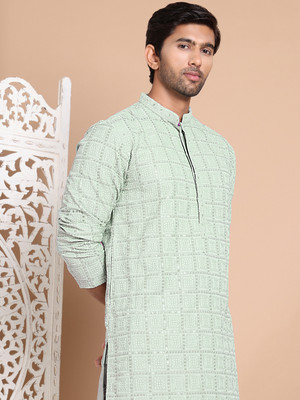 Jompers Men Embroidered Straight Kurta(Green)