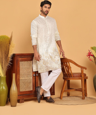 Jompers Men Floral Print Straight Kurta(White)