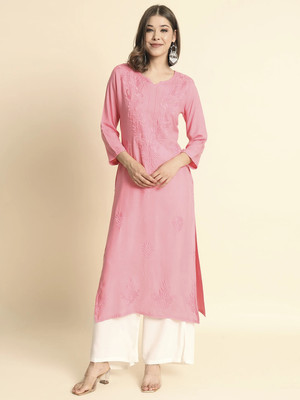 Sofisty Women Chikan Embroidery Straight Kurta(Pink)