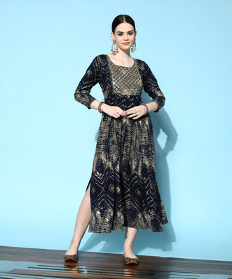 LIBAS Women Printed A-line Kurta(Black, Green)