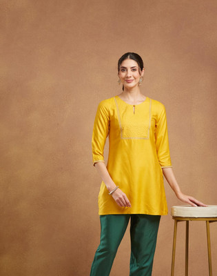 Fabindia Women Embroidered Straight Kurta(Yellow)