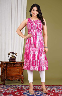 RPT Women Block Print A-line Kurta(Pink)