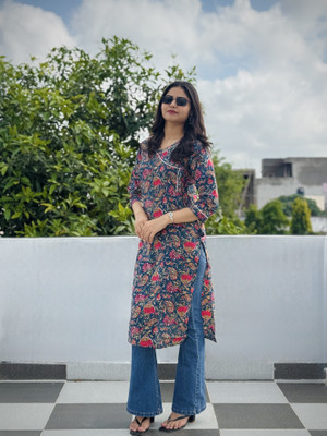 Kurtiking Women Printed Straight Kurta(Blue)