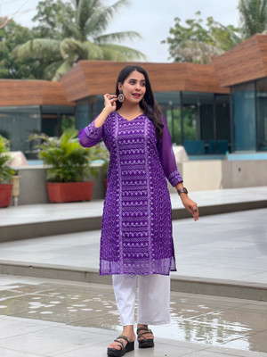 Nejadhari Fshion Women Printed A-line Kurta(Purple)