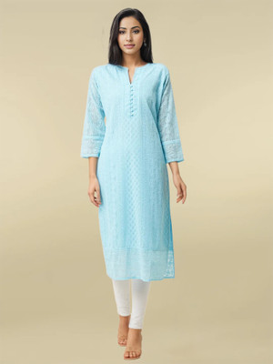 IndiMuse Women Embroidered Straight Kurta(Blue)