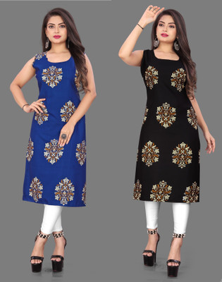 Hiral Creation Women Floral Print Straight Kurta(Blue, Black)
