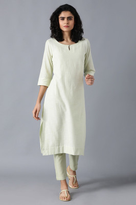 W Women Self Design Straight Kurta(Green)
