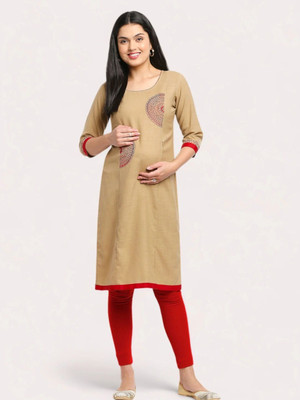 TRUE SHAPE Women Embroidered Straight Kurta(Beige)