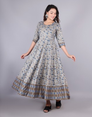 AASHLEY Women Printed Anarkali Kurta(Grey)