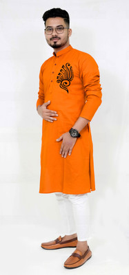 Rainbow Cloths Men Printed Straight Kurta(Orange)