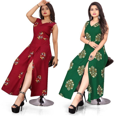 tanvi creation Women Printed Frontslit Kurta(Red)