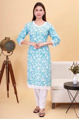 AURA CLOTHING Women Printed Straight Kurta(Blue)