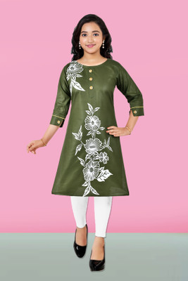 Sevgi Girls Floral Print A-line Kurta(Dark Green)