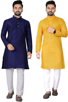 DHASU TRENDZ Men Solid Straight Kurta(Blue, Yellow)