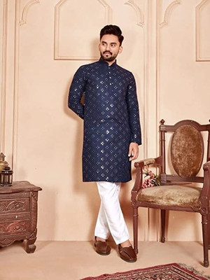 DM FASHION CLUB Men Embroidered Straight Kurta(Dark Blue)