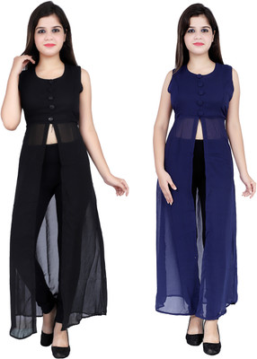 VESICLE Women Solid Frontslit Kurta(Black, Dark Blue)