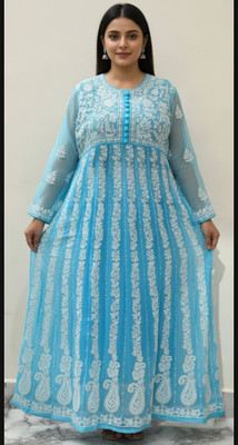 RIDDHI Women Chikan Embroidery Ethnic Dress Kurta(Blue)