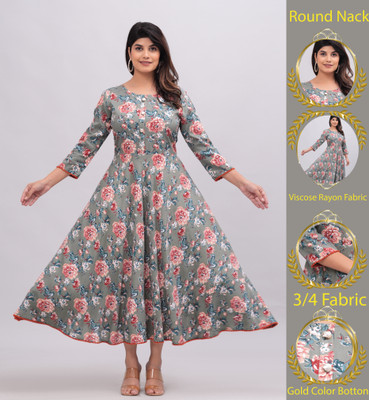 ARYAN TEXTILES Women Floral Print Flared Kurta(Grey)