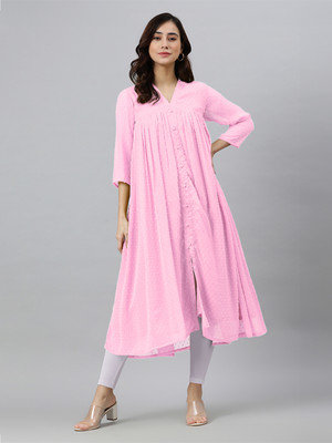Janasya Women Woven Design Frontslit Kurta(Pink)
