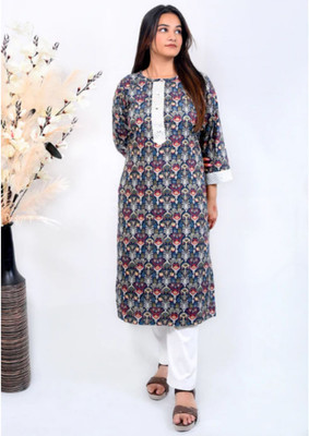 brozzo Women Floral Print A-line Kurta(Blue)