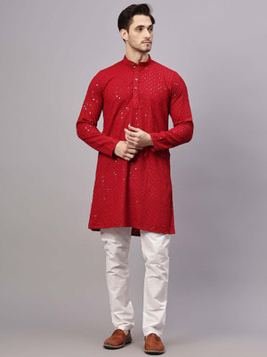 Yugnik Men Chikan Embroidery A-line Kurta(Red)