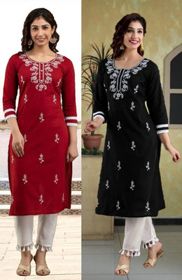 vikshi Women Chikan Embroidery Straight Kurta(Multicolor)