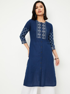 MAX Women Embroidered A-line Kurta(Blue)