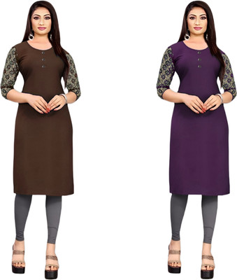 HouseOfCommon Women Solid Straight Kurta(Brown, Purple)