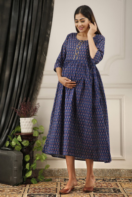 Henal Women Printed Flared Kurta(Blue)