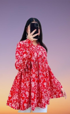 VANKAR Women Floral Print Flared Kurta(Red)