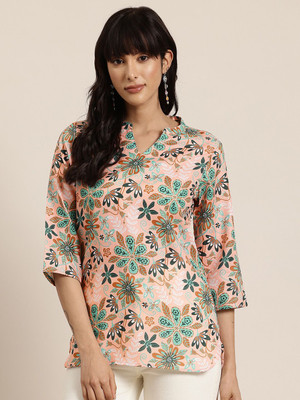 HERE&NOW Women Printed Straight Kurta(Beige)