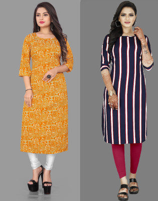 maruti fab Women Striped A-line Kurta(Yellow, Purple)