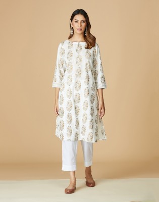 Fabindia Women Printed Straight Kurta(White)