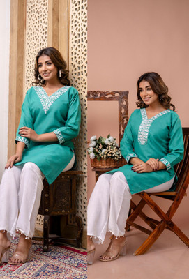 SISTO Women Chikan Embroidery A-line Kurta(Blue)