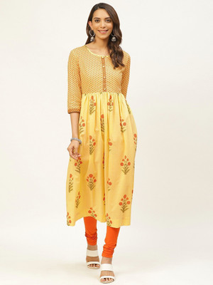 JAPER KURTI Women Floral Print Anarkali Kurta(Yellow)