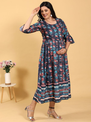 RITIJYA Women Floral Print A-line Kurta(Dark Blue)
