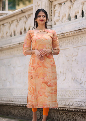 Pari Fusion Women Printed A-line Kurta(Orange)