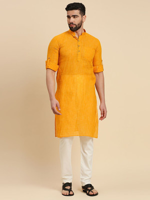 Rajubhai Hargovindas Men Self Design Straight Kurta(Yellow)