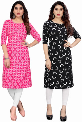 MDR FASHION Women Printed Straight Kurta(Black, Pink, White)