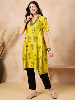 ANOUK Women Printed A-line Kurta(Yellow)