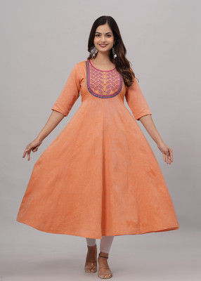 Sanganeri Kurti Women Solid A-line Kurta(Orange)
