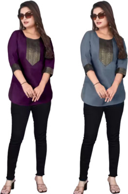 AAI MOGAL Women Solid Straight Kurta(Purple, Grey)