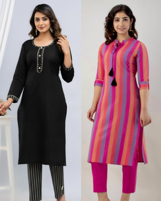 BILANZA Women Striped, Solid Straight Kurta(Pink, Black)