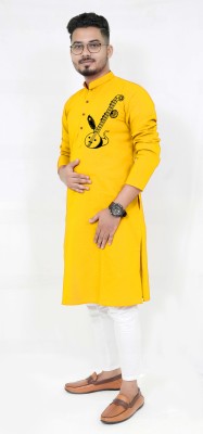 Rainbow Cloths Men Self Design Straight Kurta(Yellow)