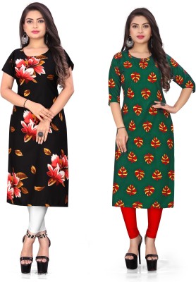 maruti fab Women Floral Print Straight Kurta(Black, Green)