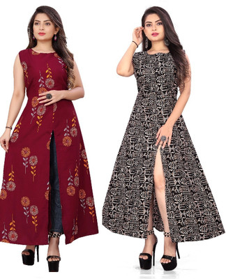 Hiral Creation Women Printed Frontslit Kurta(Black)