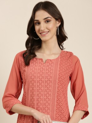 Showoff Women Embroidered Straight Kurta(Pink)