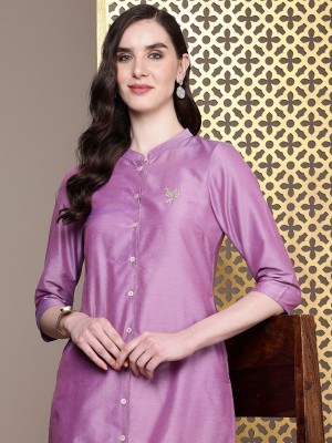 House of Pataudi Women Embroidered Straight Kurta(Purple)