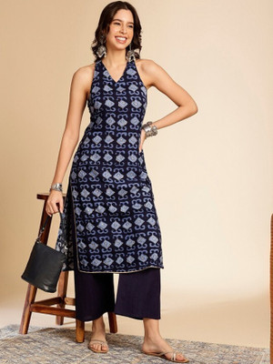 ANOUK Women Printed Straight Kurta(Dark Blue)