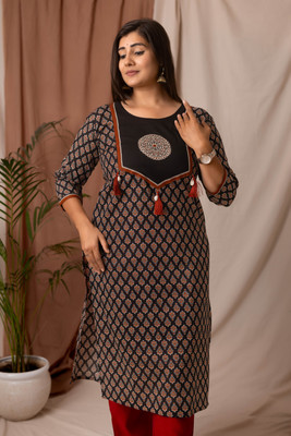 Amthi Women Floral Print, Self Design Straight Kurta(Black)